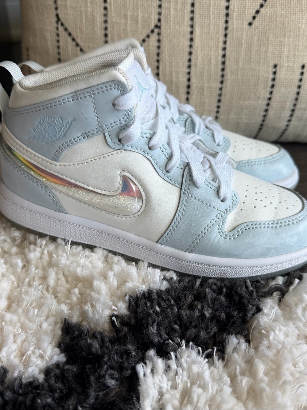 Nike Air Jordan 1 Mid - White & Light Blue with Iridescent Swoosh